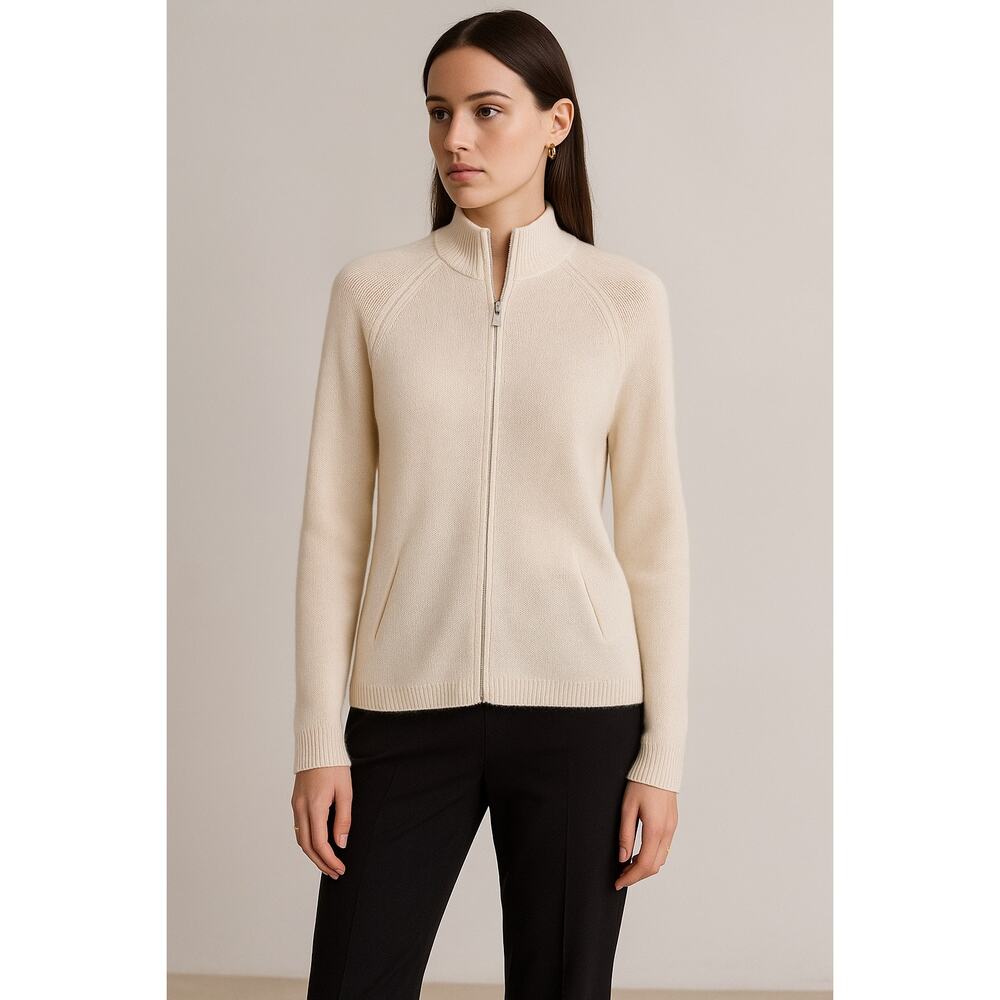 I. Magnin 2-Ply Cashmere Full Zip Cardigan Sweater Cream Ecru Small Stand Collar